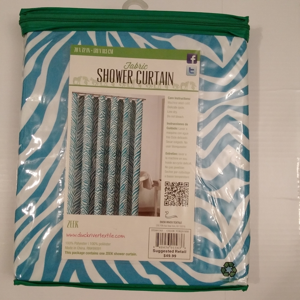 Duck River Textile Zeek SHOWER CURTAIN Fabric Zebra Stripe Turq Animal Print NIP